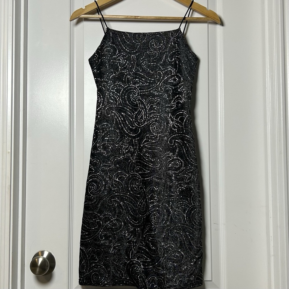 Jump‎ Apparel Co. Vintage 90s Silver Glitter Paisley Design Black Bodycon Dress